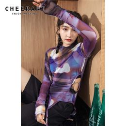 Tie Dye Purple Mesh Top Long Sleeve Hollow Out Asymmetrical T Shirt Women See Through Bodycon Tshirt Fall Fashion 210427