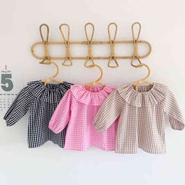 Lace Collar Baby Girl Shirt Spring Kids Long Sleeve Grid Infant Autumn born Clothes 210429