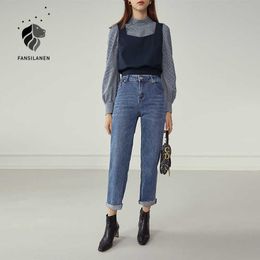 FANSILANEN Fringe casaul high waist straight jeans Women streetwear blue vintage pants Female autumn winter denim botttom 210607