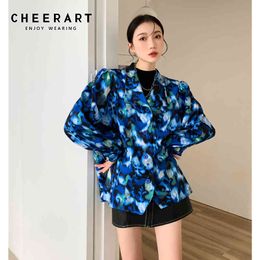 Tie Dye Blue Fashion Shoulder Pads Top Long Sleeve Blouse Women Korean Button Up Shirt Designer Clothing 210427