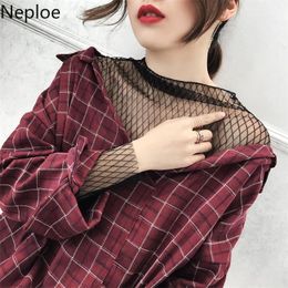 Neploe Mesh Patchwork Plaid Shirts Spring Korean Fashion V Neck Long Sleeve Female Blusa Tops Loose Casual Ladies Blouse 1B573 210423