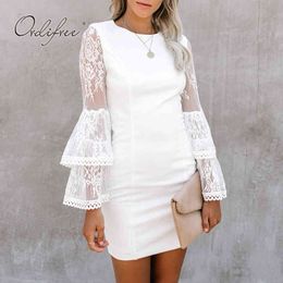 Summer Women Party Long Sleeve White Lace Sexy Bodycon Pencil Dress 210415