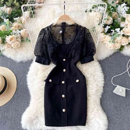 Mesh Lace Spliced Puff Short Sleeve Dress Women Summer Fashion V-neck Buttons Mini Bodycon Dresses Work Party Robe Femme 210603
