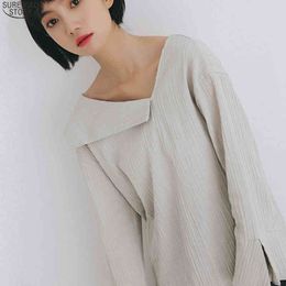 Office Long-Sleeve Cotton Linen Blouse White Ladies Tops Spring Korean Loose Solid Colour V-neck Women Shirt 10064 210415