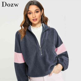 Fashion Patchwork Fleece Sweatshirts Autumn Winter Warm Hoodies For Women Casual Long Sleeve Zipper Teddy Hoodie Loose Top 210414