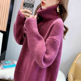 H.SA Women Oversized and Long Pullovers Turtleneck Knitted Pull Sweates Large Size Pure Colour Vintage Sweater Jumper 210417