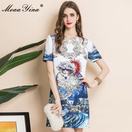 Fashion Designer Summer Short Dress Women's O Neck Beading Floral print sleeve Vintage Party Mini Vestidos 210524