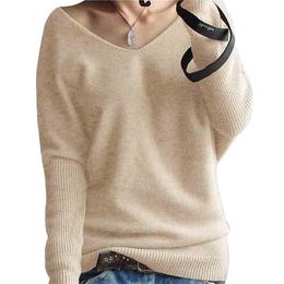 LONGMING Oversize Sweater Women V-Neck Wool Autumn Winter Sweater Loose Soft Knit Jumper Female Pullover Sexy Cashmere Sweater 210812