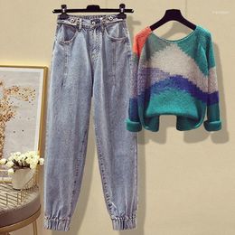 Women's Tracksuits Two-piece Plus Size 100kg Autumn Suit Loose Color Matching Sweater High-waist Denim Trousers Suit1