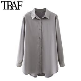 TRAF Women Fashion Soft Touch Loose Blouses Vintage Long Sleeve Button-up Female Shirts Blusas Chic Tops 210415