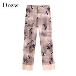 Floral Print Patchwork Pants Women Pockets Side Split Chic Long Trousers Lady Loose Wide Leg Pants Bottoms Ropa Mujer 210414