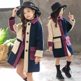 Girls Coat Patchwork Wool for Girl Single-breasted Overcoat Spring Jacket Autumn Casual Clothes 4-14 Year Old 211204