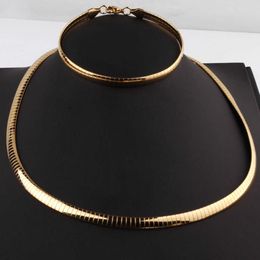Women 6mm Collar Choker Necklace + Bangle Bracelet Jewellery Set Gold Stainless Steel Snake Chain Necklace Bracelet 210720