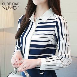 Fashion Korean Clothing Long-sleeve Chiffon Striped Turn Down Collar Slim Fit Women Tops And Blouse 0924 40 210415