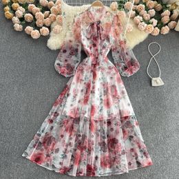 Casual Dresses SINGREINY Women Chiffon Print Maxi Dress French Bow Collar Puff Sleeve A-line Summer Elegant Vacation Long Sundress