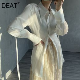 Spring Lapel Glossy Top With Bandage Long Sleeve White Shirt Solid Color Backing And Summer GX1020 210421