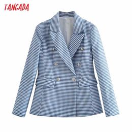 Tangada Women Blue Plaid Print Blazer Coat Vintage Double Breasted Long Sleeve Female Outerwear Chic Tops 4M45 211006