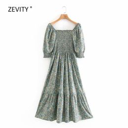 women vintage sqaure collar elastic stretchy printing midi dress female retro puff sleeve pleat vestido chic dresses DS3939 210420