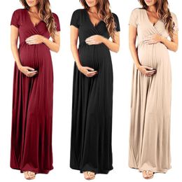 evening dresses for short women UK - V-neck Maternity Dresses Short Sleeve Pleated Pregnant Women Beautiful Clothes Pregnancy Party Evening Dress