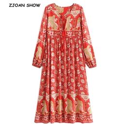 Bohemia Lacing up v neck Location Floral print BOHO Dress Red Summer Ethnic Woman Long Sleeve Tassel Strappy Mid-Calf 210429