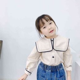 Navy style Spring autumn girls cotton big turn-down collar shirts kids casual long sleeve clothes 210508