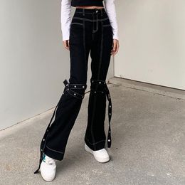 Mall Gothic Grunge Black Jeans Harajuku Punk Wide Leg Women Pants Hip Hop High Waist Bandage Streetwear Rivet Trousers Women's