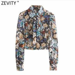 Zevity Women Vintage Floral Print Short Blouse Female Breasted Shirts Bow Decoration Chic Office Femininas Blusas Tops LS7619 210603