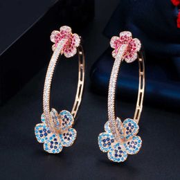 Designer Elegant Micro Pave Blue Red CZ Light Gold Color Big Round Flower Hoop Earrings for Women Jewelry Gift CZ810 210714