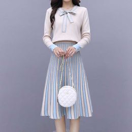 Autumn Winter High quality Ladies Two piece suit Skirt Sets Bow Pullover sweater Jumpers + waist Striped Pleated 210529