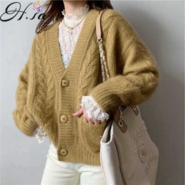 Hsa Knitted Cardigan Coat for Women Twisted Jumpers Korean Style Loose Retro Lazy Tops V-neck Thick Outer Wear Sweater Tops 210716