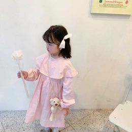 Spring Korean style pink cotton princess dress with cute bear pendant big turn-down collar casual dresses Q0716