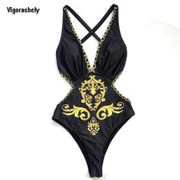 Vigoashely Sexy Black Print Swimwear Women Vintage Swimsuit Female Bandage Monokini Deep V Bathing Suit Swim Wear 210630