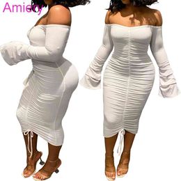 Women Off Shouder Long Skirt Sexy White And Black Womens New Fashion Nightclub Style Pleated Flared Sleeve Dress Autumn Dresses