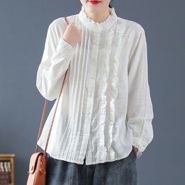 Johnature Autumn Cotton Linen Retro Stand Single Breasted Long Sleeve Shirt Loose Leisure All-match Women Fashion Tops 210521