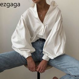 Ezgaga Blouse Women Casual Long Lantern Sleeve Turn-down Collar Loose Shirts Single Breasted Solid Office Lady Sexy Tops Fashion 210430