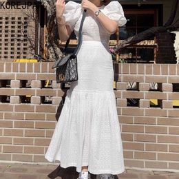 Korejpaa Women Dress Sets Korea Chic Elegant Hollow Crochet Slim Bubble Sleeve Shirt+high Waist Pocket Fishtail Skirt Suit 210526