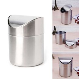 YAS Stainless Steel Desk Trash Bin Countertop Waste Can With Swing Lid 1.5 L Mini DustBin 210728