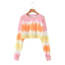 HSA Women T-Shirts Pink Gradient Sweatshirt Elegant Loose Female Ladies Trend Tie-dye Long-sleeved Mujer O-Neck Top 210430