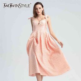 Pink Dress For Women Square Collar Sleeveless Sling Off Shouder Patchwork Pearl Dresses Female Elegant Clothes 210520