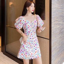 Cherry Print Kawaii Puff Sleeve Dress Women Vintage Square Neck Beach Dresses Korean Clothes 210529