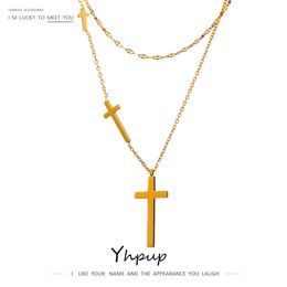 Yhpup Cross Layered Pendant Necklace Charm 18 K Metal Gold Stainless Steel Collar Neckalce Chain Jewelry Anniversary Gift