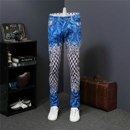 Pattern Designer Denim Pant Slim Fit Full Length Men Trousers Moda Hombre Erkek Kot Pantolon Royal Printed Jeans 210331