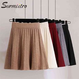 Knitted Pleated Mini Skirts Women Autumn Winter Casual Ladies Elastic High Waist Korean A Line Skirt Female 210421