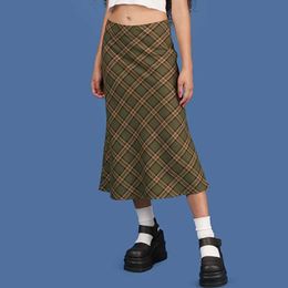 Summer Vintage High Waist Midi Skirts Women Streetwear Cotton Plaid Long Skirts Chic Ladies Girl Fashion Style 210712