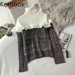 Korobov Korean Streetwear Long Sleeve Pullover Vintage Harajuku Chic Hit Colour Patchwork Sweater Turtleneck Ruffles Sueter Mujer 210430