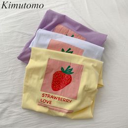 Kimutomo Short-sleeved T-shirt Summer Women Korean Fashion O Neck Letter Strawberry Print Casual Tops Elegant 210521