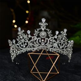 Baroque Luxury Crystal Flowers Bridal Tiaras CZ Crowns Pageant Diadem Veil Tiara Headband Wedding Hair Accessories 220218