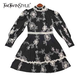 Embroidery Print Dress For Women Stand Collar Long Sleeve High Waist Spring Dresses Female Clothing Fashion 210520