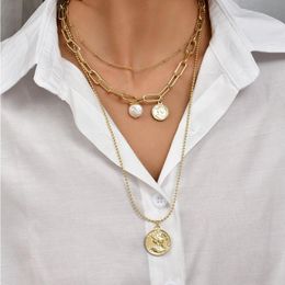 Pendant Necklaces Women Necklace Handmade Gold Colour Three Layer Chain Pearl Human Shape Fashion Party Surprise Birthday Gift