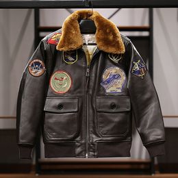 dark brown USS G1 air flying leather flight suit jackets men lamb fur collar lapel head layer sheepskin men's leather jacket